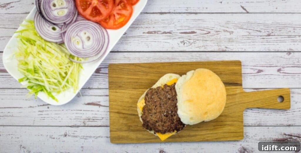 Griddle Gold: The Art of the Blackstone Smash Burger 6 A top-down shot of a beautifully finished Blackstone Smash Burger, perfectly assembled.