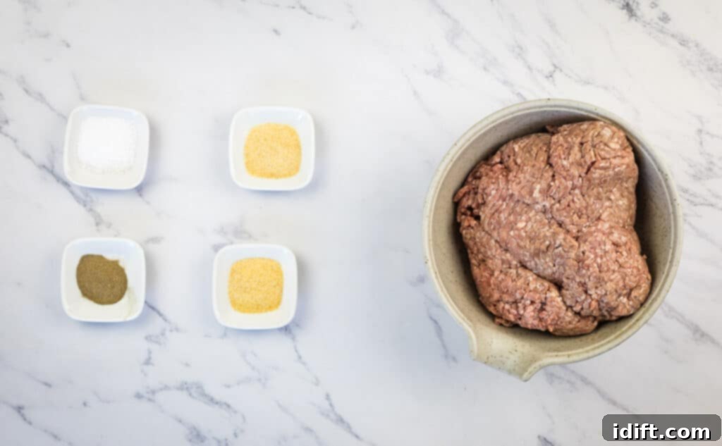 Griddle Gold: The Art of the Blackstone Smash Burger 7 Ingredients for Blackstone Smash Burgers laid out, including ground beef and seasoning components.