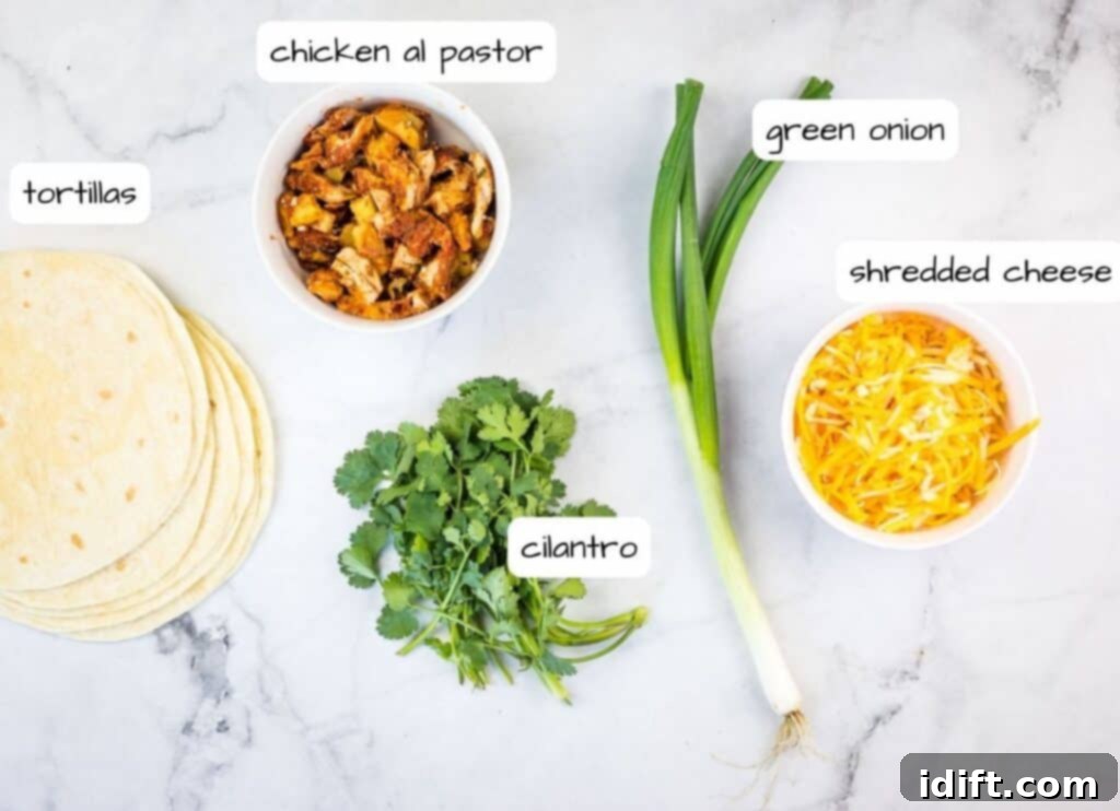 Labeled ingredients to make Chicken Al Pastor Quesadillas, including tortillas, shredded cheese, cooked chicken al pastor, green onions, and cilantro.