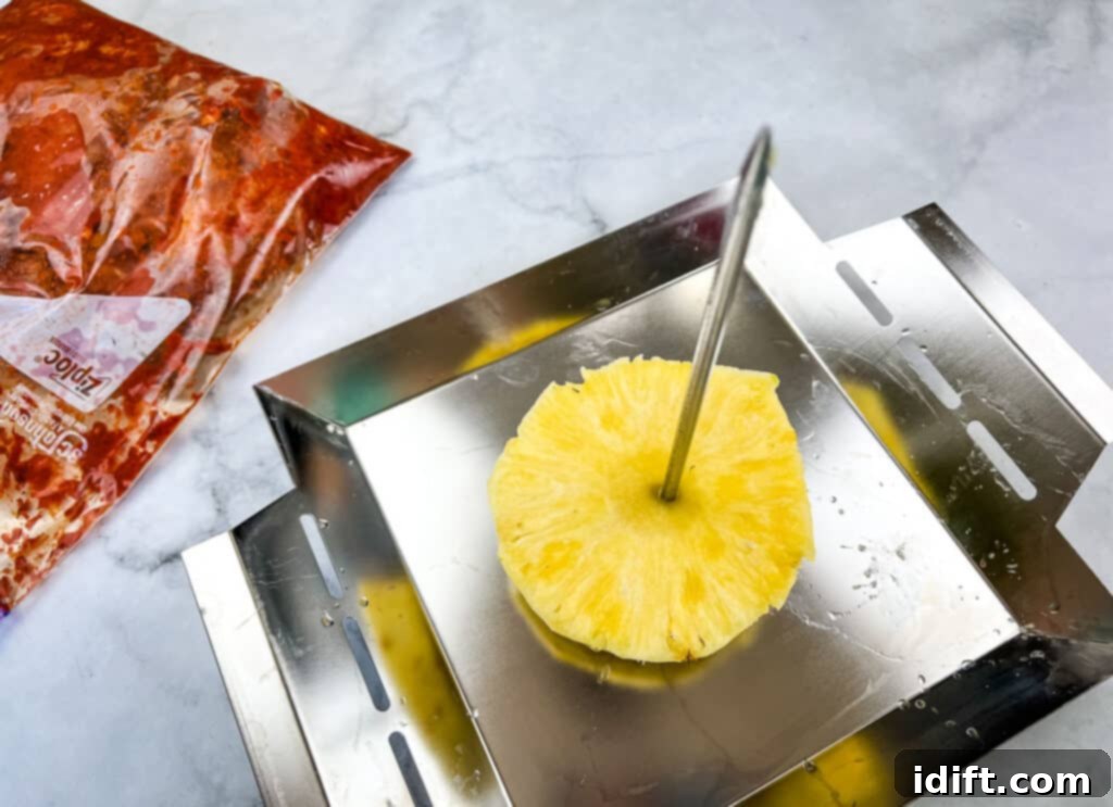 A slice of pineapple placed at the base of a vertical skewer.
