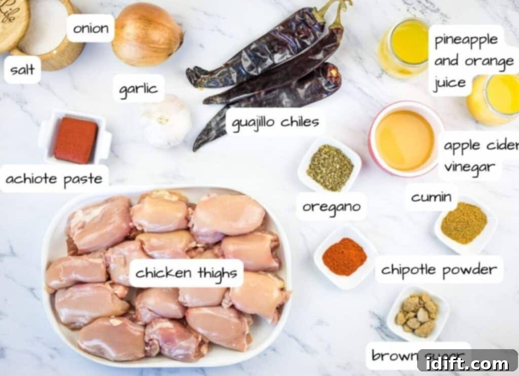 Labeled ingredients for making Smoked Chicken Al Pastor, showcasing fresh produce and spices.