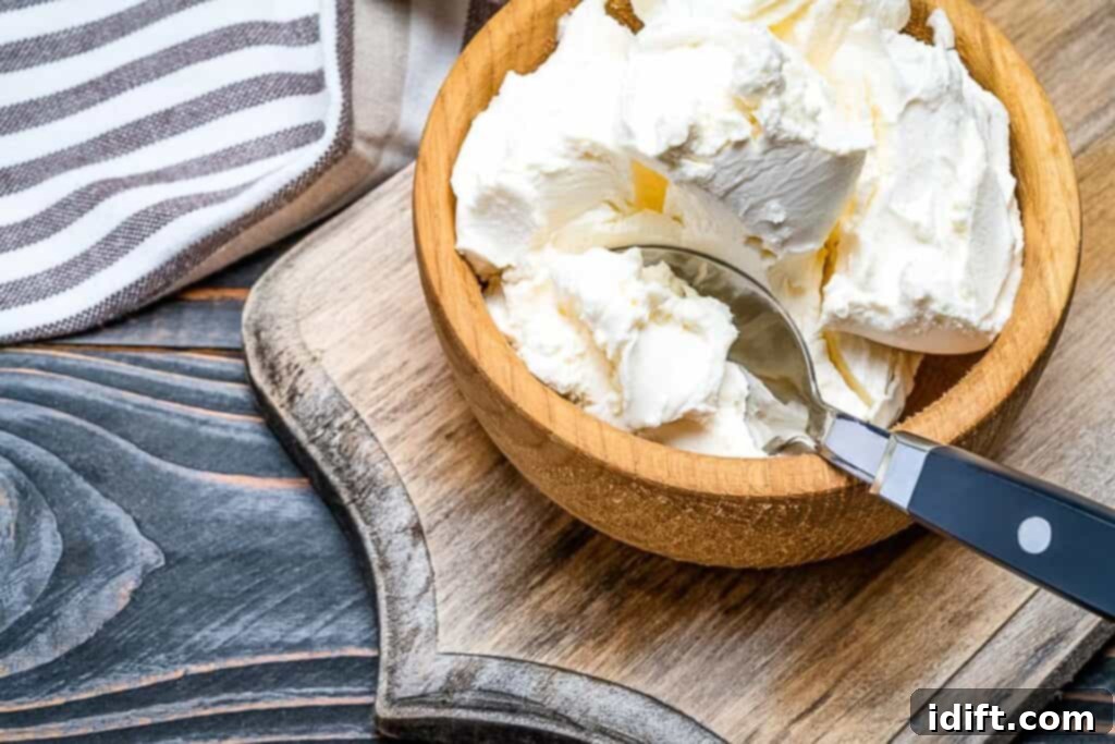 Velvet Mascarpone Spinach Your Ultimate Creamy Side 3 Mascarpone cheese in a bowl with a spoon, ready for use.