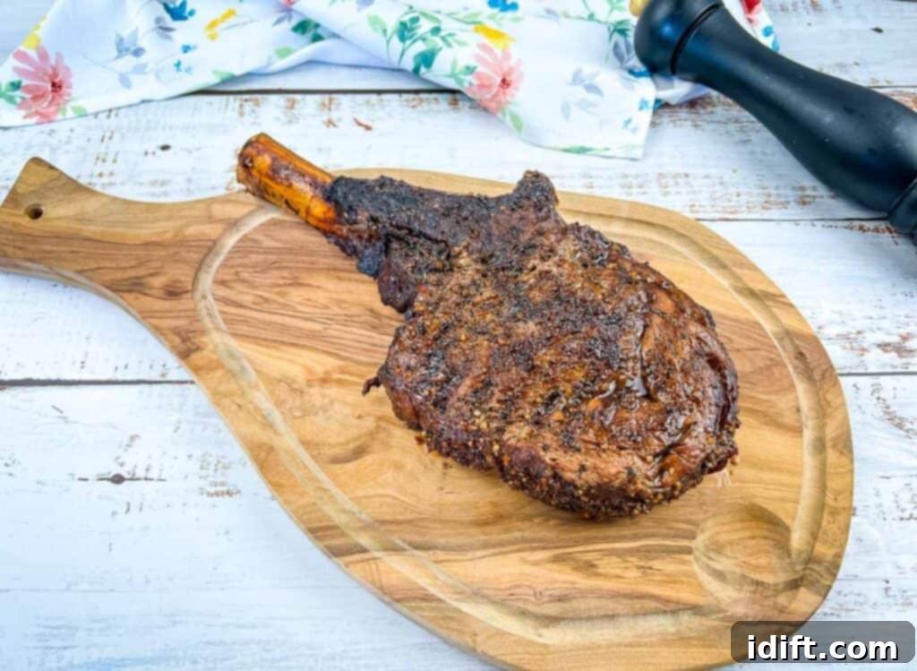 Tomahawk steak resting.