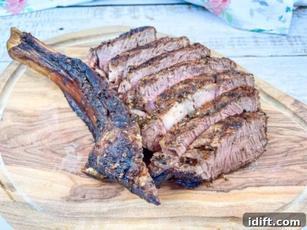 A sliced tomahawk steak on a cutting board.