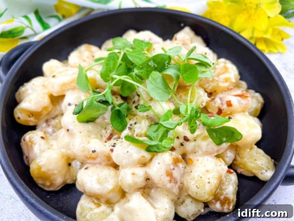 Close-up of Gnocchi with Lemon Parmesan Sauce in a black serving bowl, showing the creamy sauce and golden gnocchi.