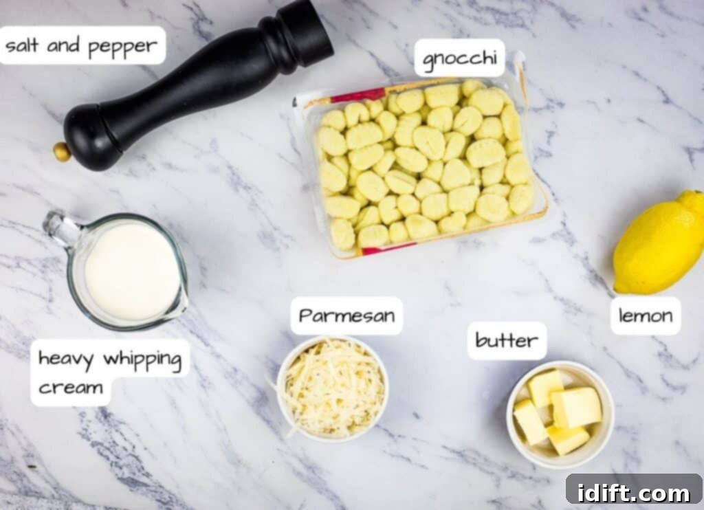 Labeled ingredients to make gnocchi with lemon sauce, including gnocchi, butter, lemon, and parmesan.