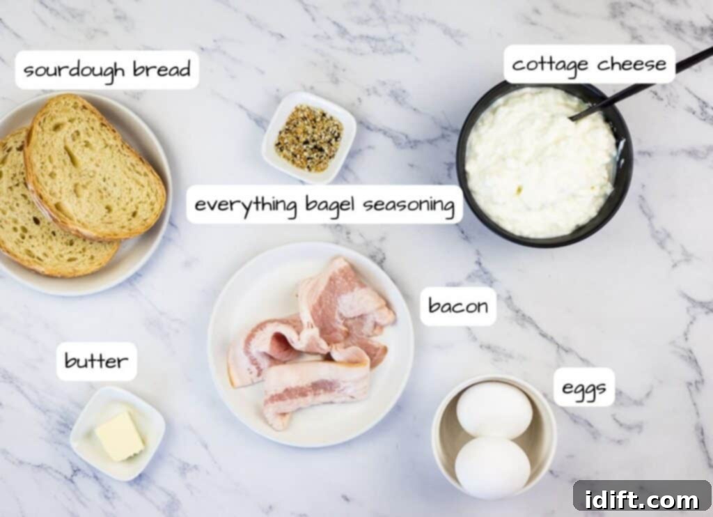 The Ultimate Breakfast Toast: Creamy Cottage Cheese, Runny Egg, and Crispy Bacon 4 Labeled ingredients to make Cottage Cheese Toast with Sunny-Side Up Egg & Bacon.