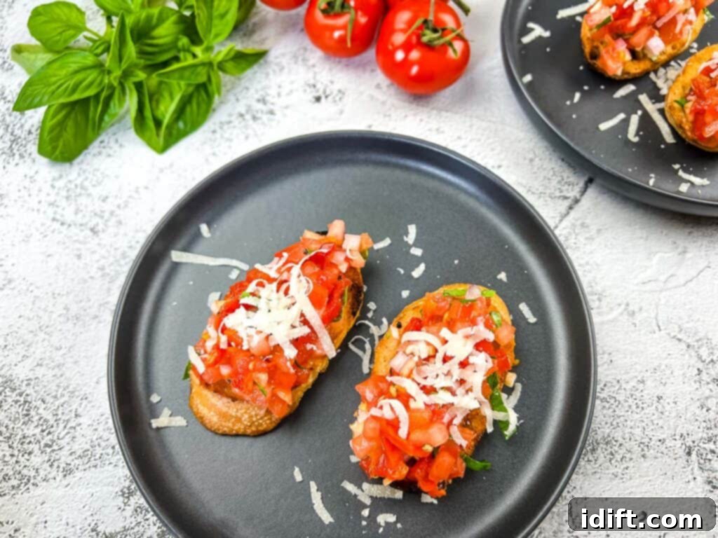 Effortless Bruschetta Bites 3 A finished shot of classic tomato bruschetta.