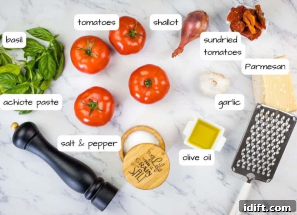 Effortless Bruschetta Bites 4 Labeled ingredients to make tomato bruschetta.