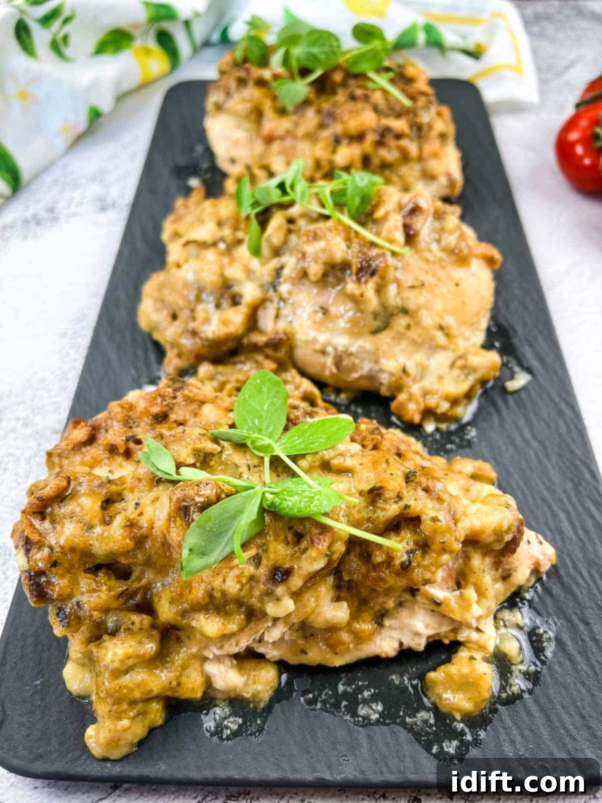4-ingredient chicken on a black platter, garnished with fresh herbs.