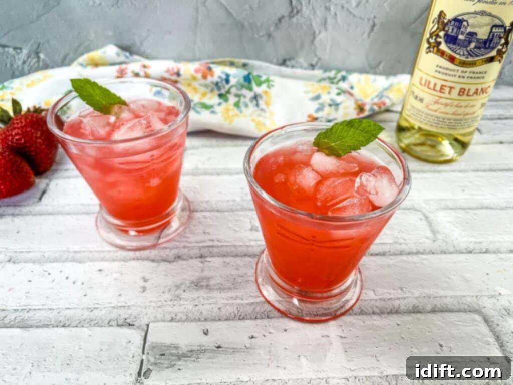 Two glasses of Strawberry-Lillet Crush cocktails set on a table, ready to be served.