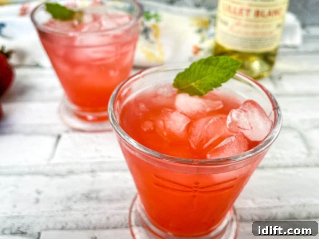 A horizontal shot showcasing two chilled Strawberry-Lillet Crush cocktails, garnished and ready.