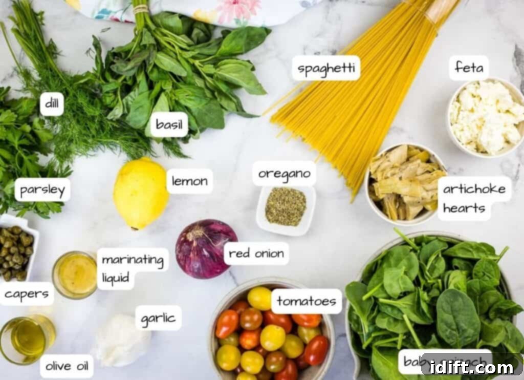 Mediterranean Spaghetti Delight 4 Various labeled ingredients laid out on a table, ready to be used for making Greek Spaghetti.