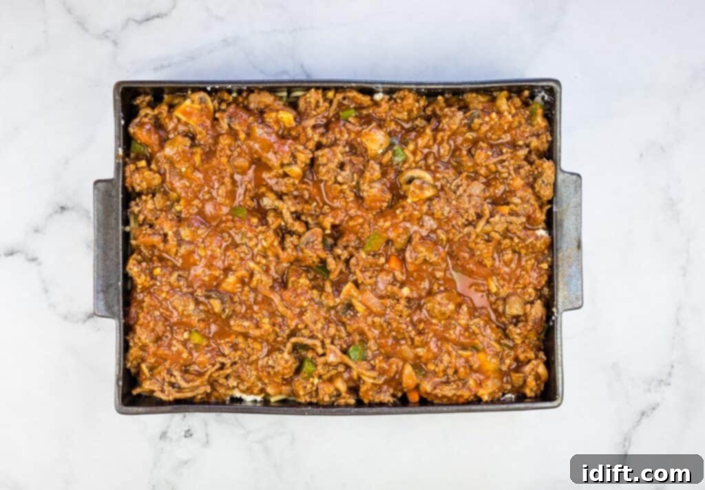 Priceless Pasta Bake 15 Noodles with the final meat layer.