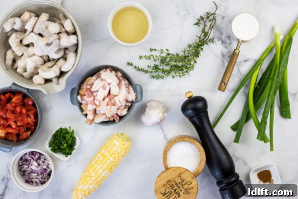 Comforting Baked Shrimp and Grits Casserole 14 Ingredients for the shrimp gravy, including fresh shrimp, bacon, and vegetables, on a counter.