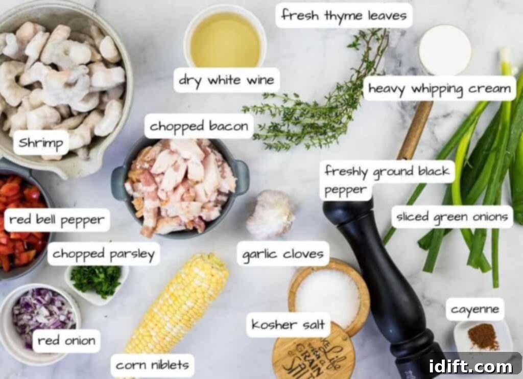 Comforting Baked Shrimp and Grits Casserole 5 Fresh shrimp, bacon, red onion, bell pepper, and spices laid out for the shrimp topping.