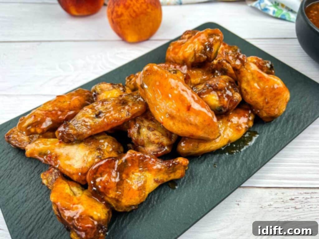 Close-up of peach glazed chicken wings arranged artfully on a sleek black plate.