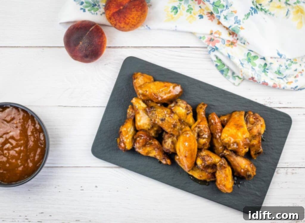 Close-up of peach chipotle chicken wings with a vibrant, glistening sauce, scattered with fresh herbs, on a black plate.