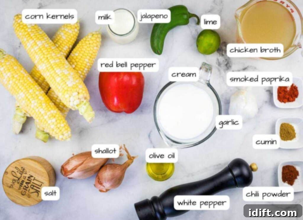 A list of fresh ingredients for Mexican Street Corn Soup, including corn, peppers, and spices.
