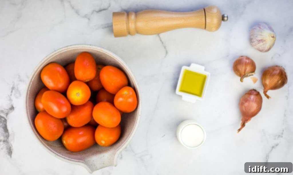 A bowl of fresh tomatoes, shallots, and garlic on a marble countertop, ready for preparation.