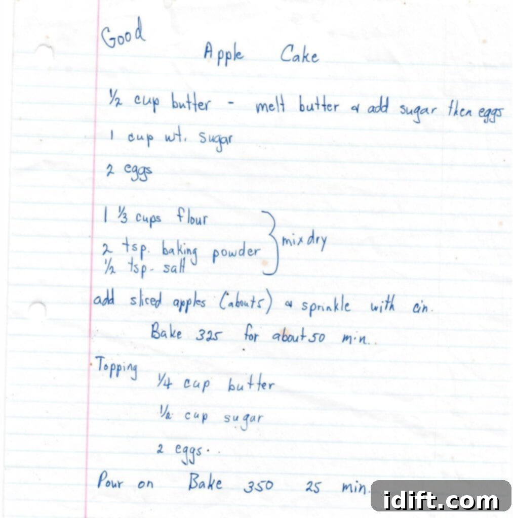 A charming image of Nanna’s original hand-written apple cake recipe on a piece of paper, evoking a sense of tradition and authenticity.