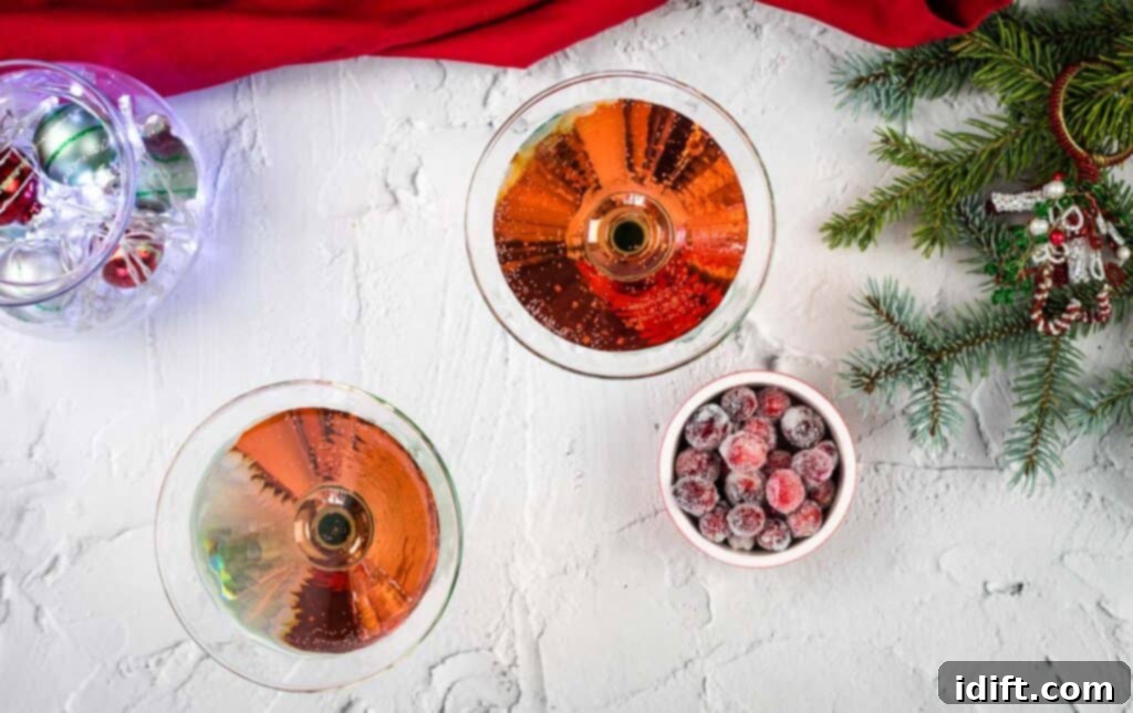 Ruby Cranberry Elixir 3 Two Cranberry Cosmosas in martini glasses, top-down view, showcasing wine and berries on a white background.