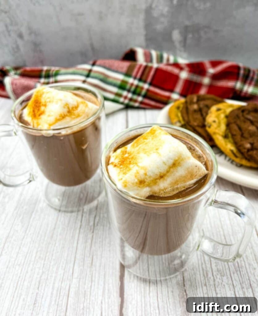 Two glasses of Baileys hot chocolate with homemade marshmallows on top.