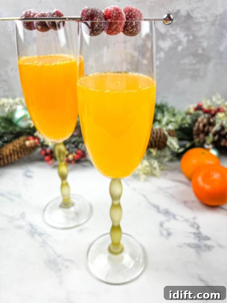 Two glasses filled with orange juice and cranberries, ready for a Christmas toast.