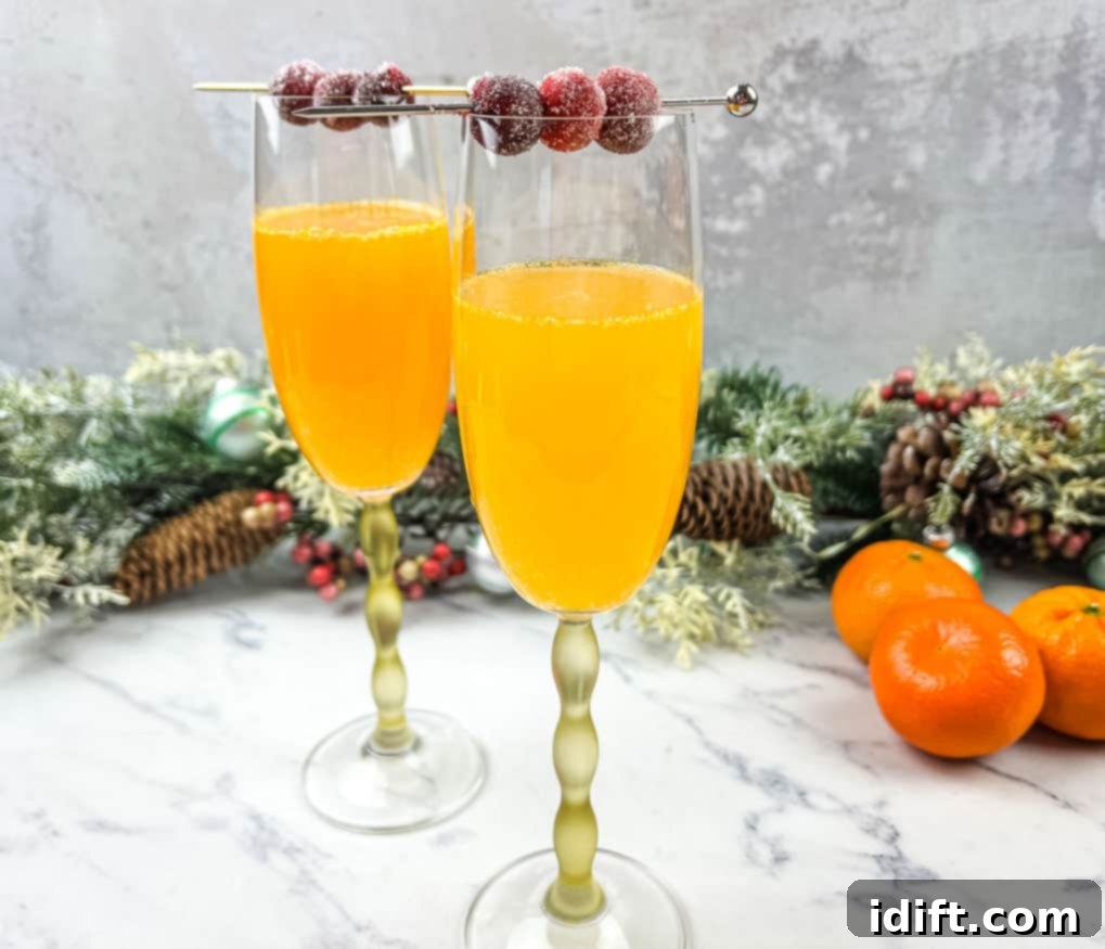 Two glasses of Christmas Mimosas, adorned with oranges and cranberries, glistening.