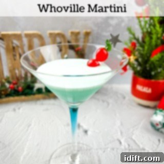 A whimsical Whoville Martini, garnished with green candy.