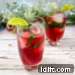 Two glasses of Pomegranate Mojitos with lime and mint.