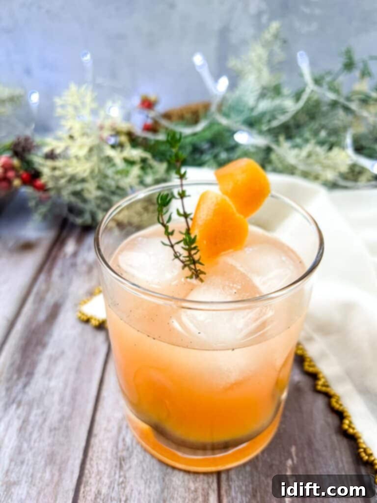 A beautifully garnished Winter Vanilla & Thyme Paloma mocktail with fresh thyme sprigs and a grapefruit twist, served in a highball glass.