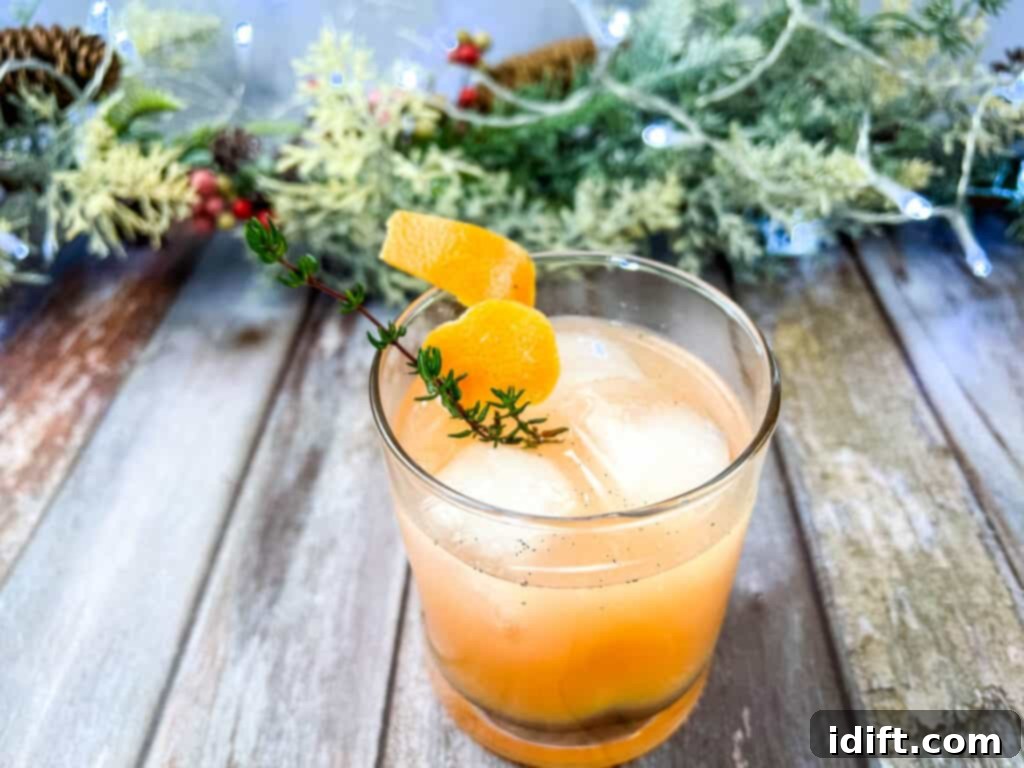 A highball glass filled with ice, grapefruit juice, and lime juice, ready for the vanilla thyme syrup and sparkling water.