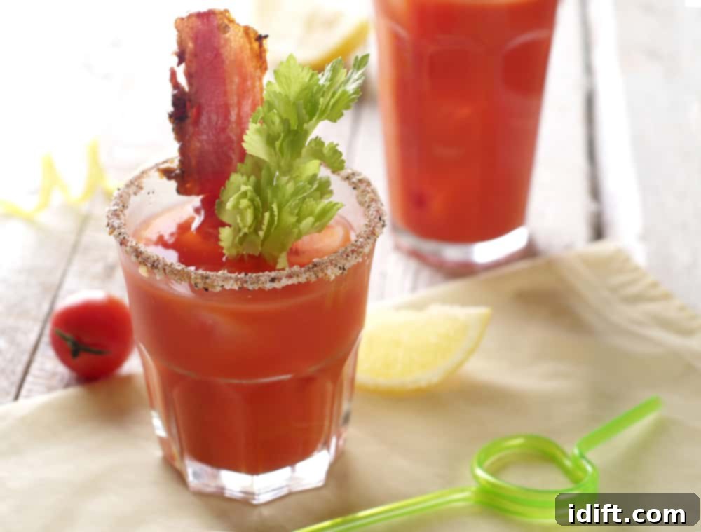 Savory Cocktails Happy Hour Evolution 2 Two glasses of expertly garnished Bloody Mary cocktails with crispy bacon, celery stalks, and lime wedges, set against a warm, inviting backdrop.