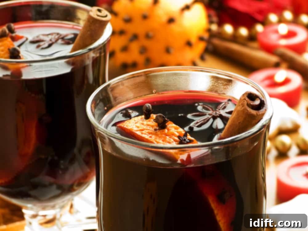 Spirits of the Season: A Global Sip Through 17 Holiday Drinks 2 Two elegant glasses of mulled wine, garnished with star anise and cinnamon sticks, radiating a warm, inviting glow against a festive backdrop.