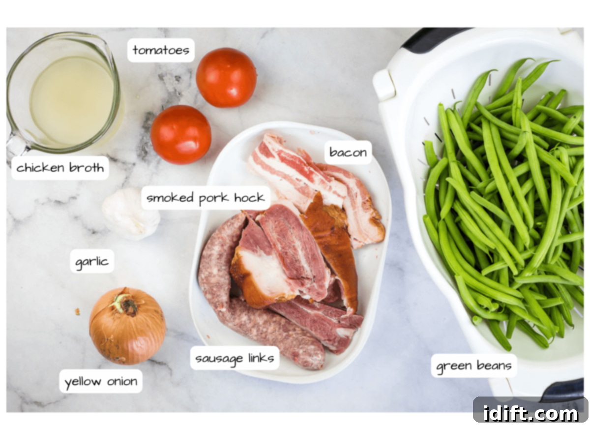 All the fresh ingredients for a hearty green bean dish laid out and labeled.
