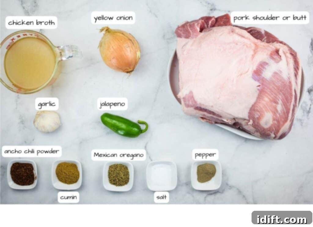 The Perfect Slow Cooker Pork Carnitas Spread 4 Ingredients for a roasted pork recipe on a marble countertop.