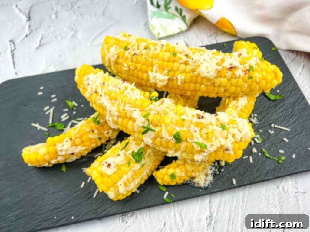 A serving plate brimming with freshly made Parmesan-Garlic Corn Ribs, garnished with green herbs.