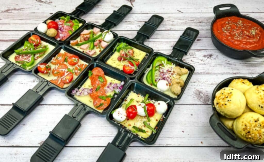 A set of pizza pans with different types of food on them.