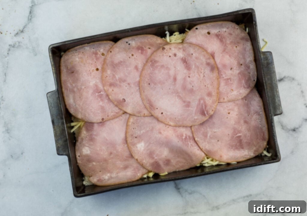 Cubano Casserole 10 Thinly sliced ham is being carefully arranged in a baking pan on a clean marble countertop, forming a delicious layer in the casserole.