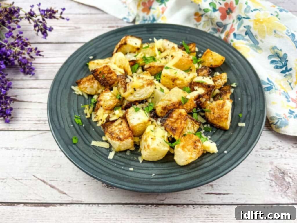 Golden Parmesan Roasted Kohlrabi 3 A plate of roasted kohlrabi with parmesan cheese on a wooden table.