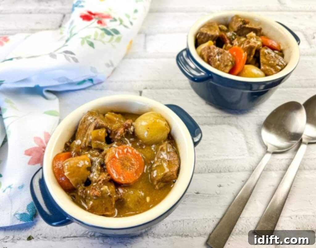 Two generous bowls of classic French Beef Bourguignon, showcasing tender beef, carrots, and potatoes.