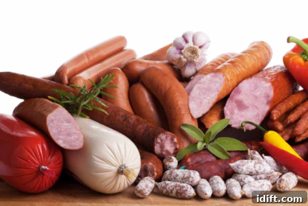 Sausages on a wooden table.
