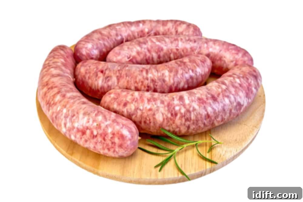 Sausages on a wooden cutting board.