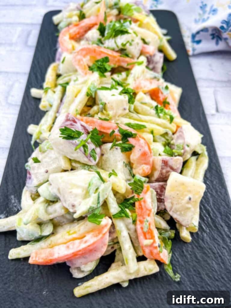 Sun-Kissed Potato and Golden Bean Salad 2 A plate of potato salad with yellow beans and parsley.