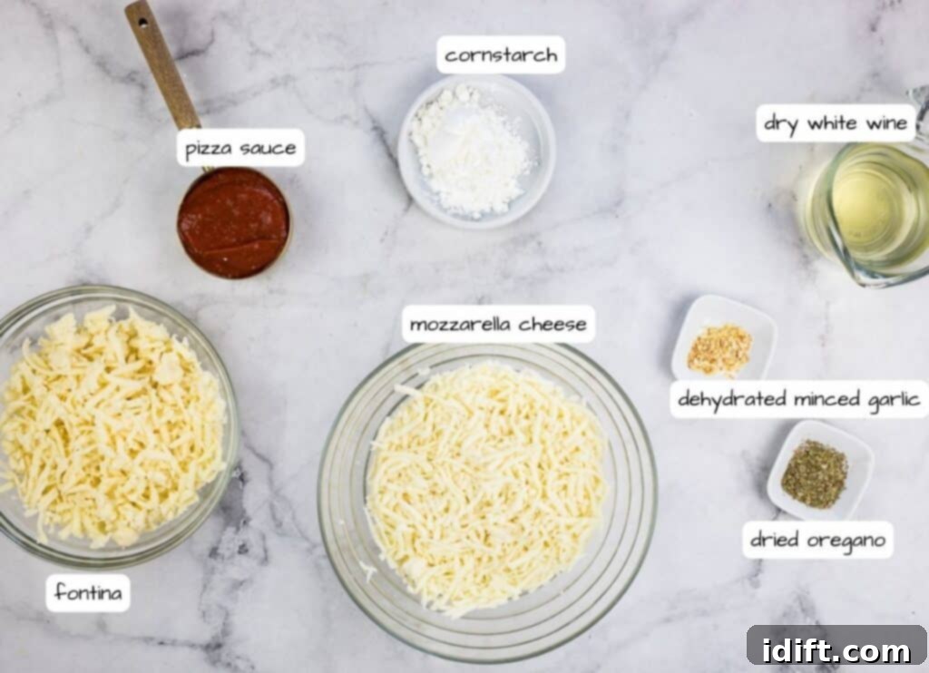 Pizza Fondue A Savory Spin on Classic Fondue 4 The ingredients for a pasta dish are shown on a marble table, specifically showing blocks of cheese, a bottle of wine, and various spices.