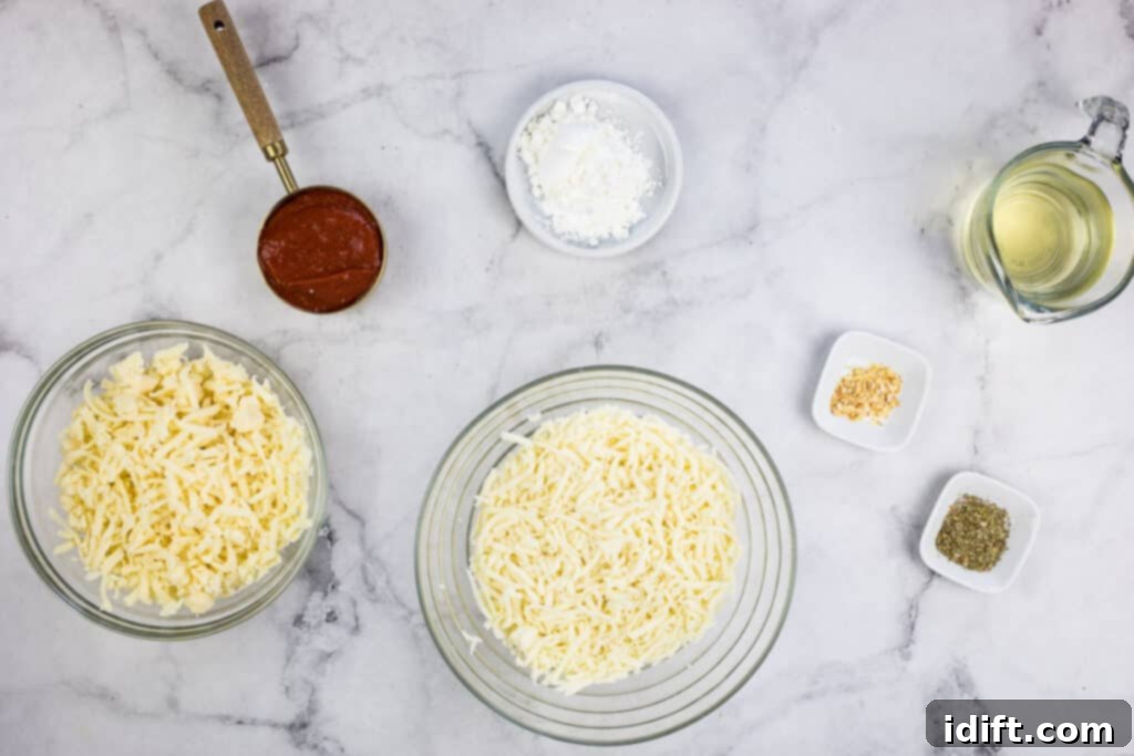 Pizza Fondue A Savory Spin on Classic Fondue 5 The ingredients for pizza fondue are neatly arranged on a marble counter, including blocks of cheese, a bottle of wine, and spices.