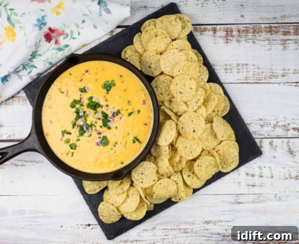 A bowl of cheesy dip with tortilla chips.