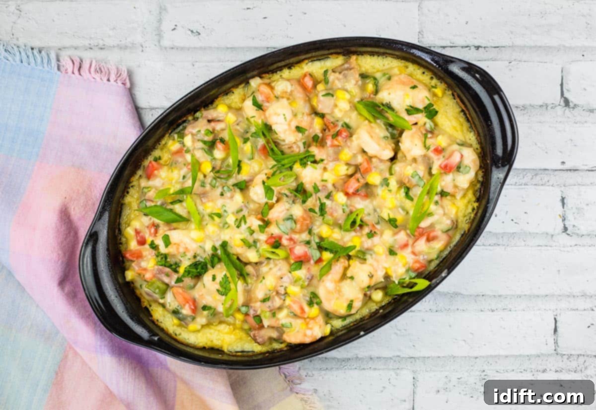 Southern-inspired Shrimp and Grits Casserole on a plate, garnished with fresh herbs and a fork ready to serve.