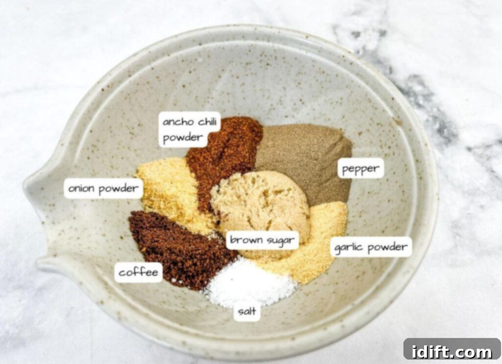 Succulent Traeger Smoked New York Strip Roast 4 A bowl of freshly mixed coffee rub ingredients for Smoked New York Strip Roast, surrounded by individual spices.